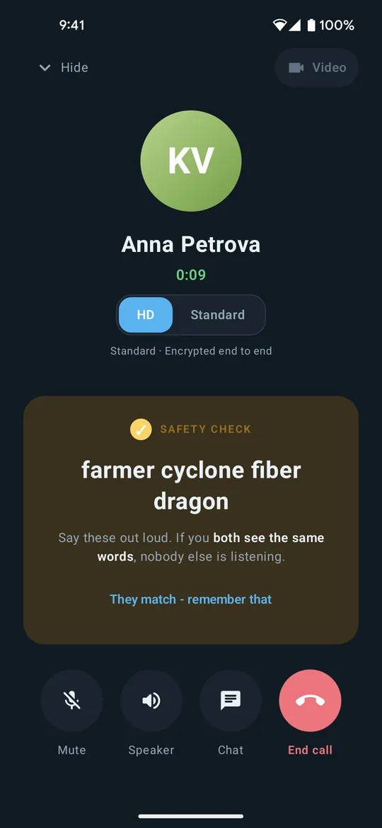 The Clavenzo call screen during a call: the caller, the call's length, the HD and standard switch, and the four safety words to read aloud.