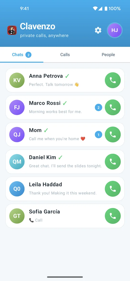 The Clavenzo conversation list: five people, the Chats, Calls and People tabs, and a green call button on every row.