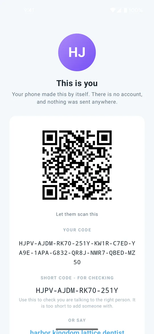 The Clavenzo identity screen: a QR code, the full code beneath it, and the short code for checking who you are talking to.