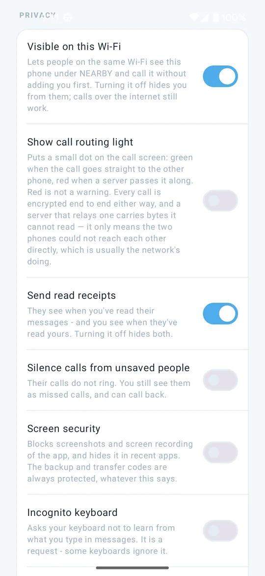 Clavenzo's privacy settings: visible on this Wi-Fi, the call routing light, read receipts, silencing unsaved callers and screen security.