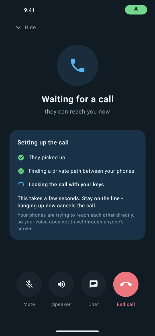 Clavenzo waiting for a call on the local Wi-Fi, with the steps of setting a call up listed in order.
