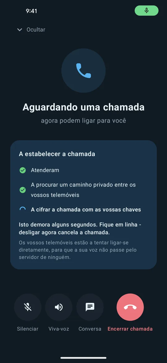 O Clavenzo à espera de uma chamada na Wi-Fi local, com os passos para estabelecer a chamada listados por ordem.