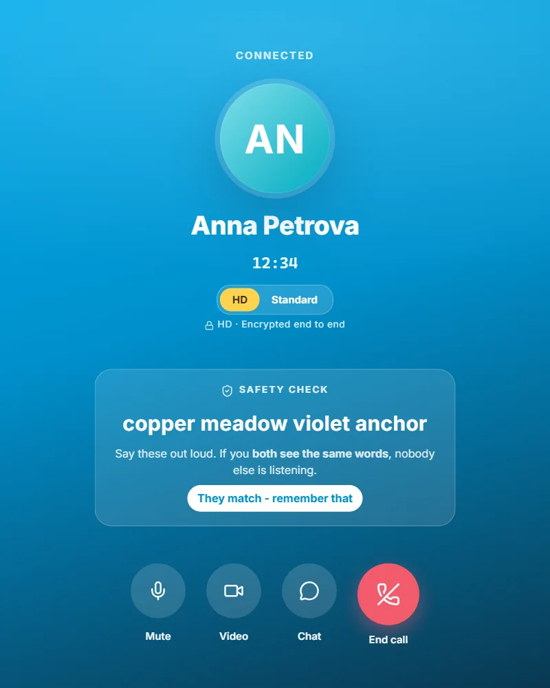A call in the Clavenzo desktop app: the caller, the call's length, the HD switch, and the four safety words to read aloud.