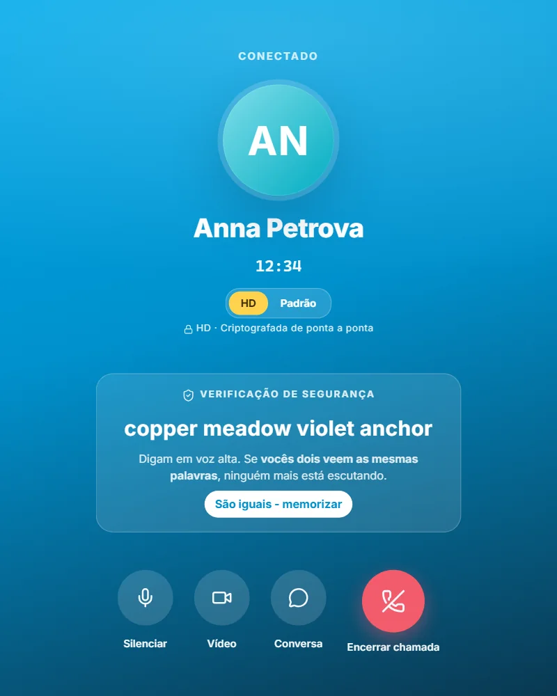 Uma chamada no app para computador do Clavenzo: quem liga, a duração, o seletor HD e as quatro palavras de segurança para ler em voz alta.